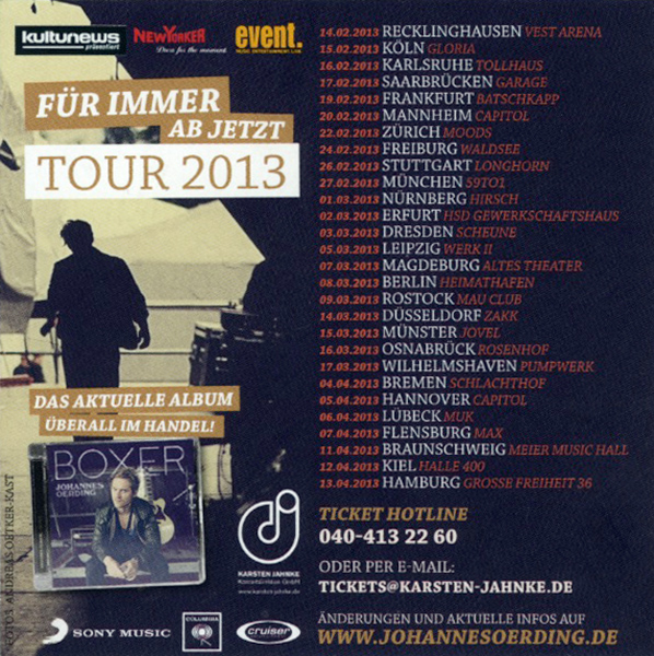 Johannes Oerding Flyer Tour 2013, Rückseite